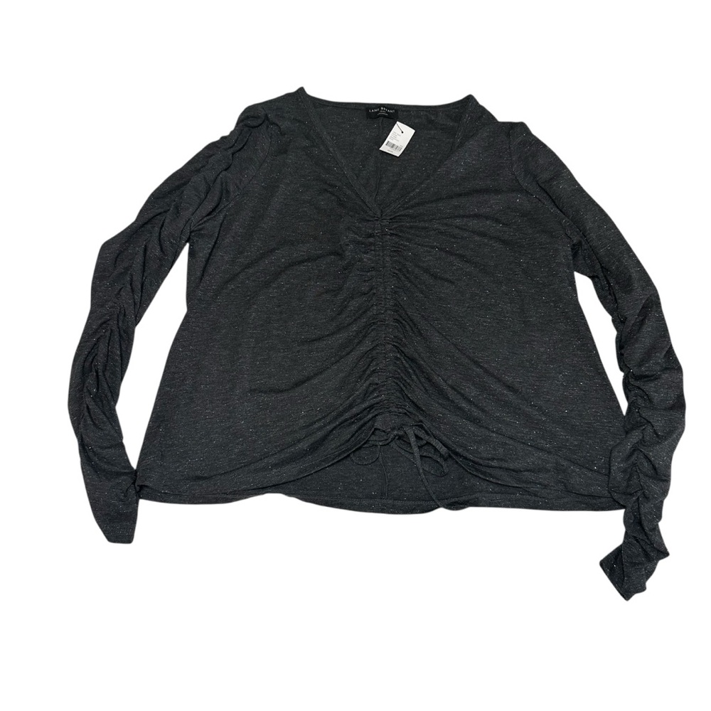 Fitted Long Rouched Sleeve V-Neck Drawcord Tee